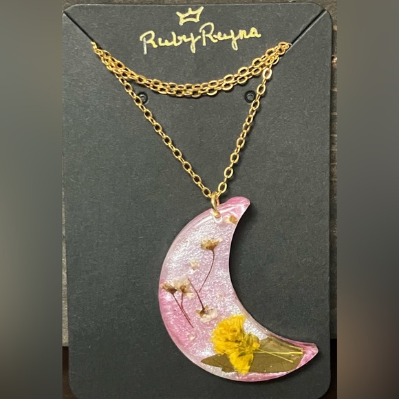 Pink Crescent Moon Necklace/ Resin/ Handmade/ Real Pressed Flowers - Picture 4 of 5